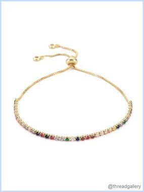 Adjustable Cubic Zirconia Tennis Bracelet Real 18K Gold Plated Brass Slider